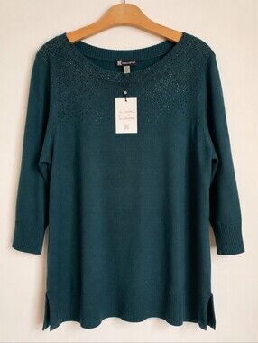 Cable & Gauge Embellished Tunic Sweater NWT 1X Dark Evergreen